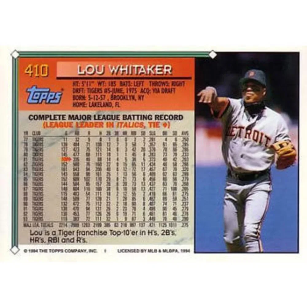 1994 Topps Lou Whitaker # 410 Detroit Tigers